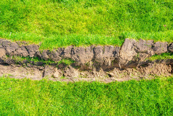 Una zanja excavada en el césped para la colocación de tuberías y la instalación de riego. Suelo bajo césped verde y sistema de raíces de hierba - Foto, Imagen