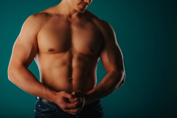 Fit mužský tělocvikář pózuje ve studiu, ukazuje své bicepsy, svaly a hrudník, protahuje svaly. Částečná fotografie - Fotografie, Obrázek