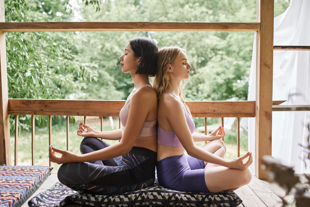 vista lateral de mujeres jóvenes practicando yoga, meditando en pose de loto con los ojos cerrados, patio acogedor - Foto, Imagen