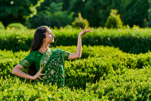公園の植物の近くにポーズグリーンサリーの笑顔とスタイリッシュなインドの女性の側面 - 写真・画像