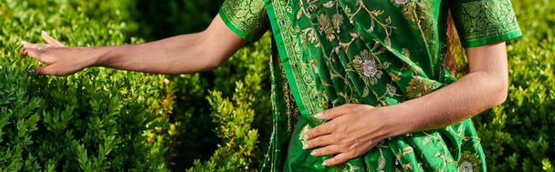 Teilaufnahme einer jungen Frau im grünen Sari mit Muster, die in der Nähe von Pflanzen im Park steht, Banner - Foto, Bild