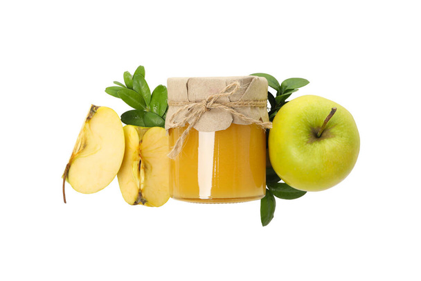 PNG, manzanas y tarro de miel, aislado sobre fondo blanco, vista superior - Foto, Imagen