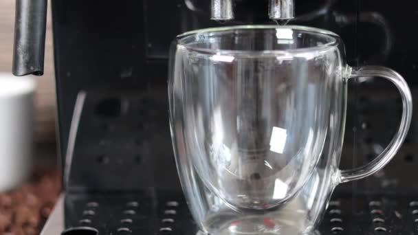 Een moderne koffiemachine giet heerlijke koffie in een transparante beker die op een metalen steun staat, close-up. Koffie. - Video