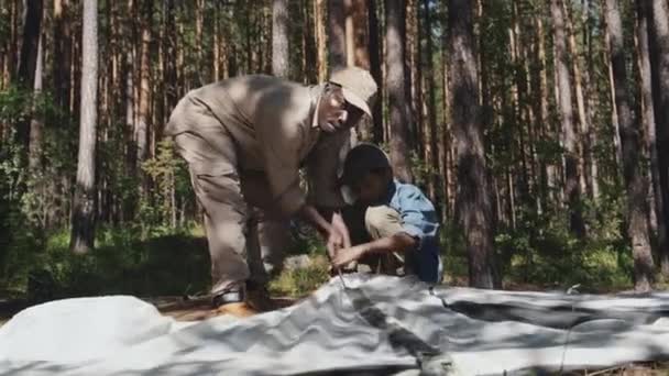 Африканський американський дідусь та його онук проводять вихідні разом у лісі, створюючи намет - Кадри, відео