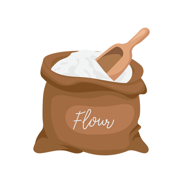 Linen bag with flour and wooden spatula. Agriculture icon, design element, vector - Vector, Image