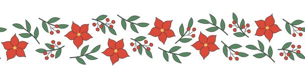 Saumaton raja joulutähti kukkia ja oksat valkoisella pohjalla. Hyvä kangas, tapetti, pakkaus, tekstiili, web design. - Vektori, kuva