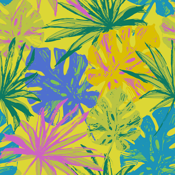 Renkli tropikal yapraklar pürüzsüz. Yaz palmiyesi arka planı. El çizimi tropik evler, siluetler, çizimler, eskizler. Çiçek baskıları, duvar kağıdı, tekstil, kumaş tasarımı için vektör sanatı çizimi - Vektör, Görsel