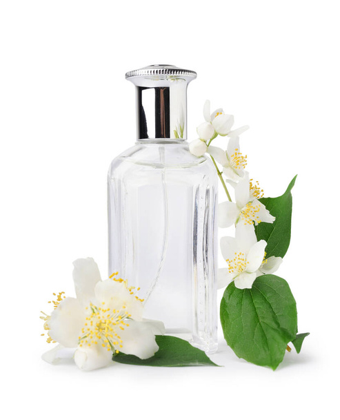 Bottle of perfume and beautiful jasmine flowers on white background - Photo, Image