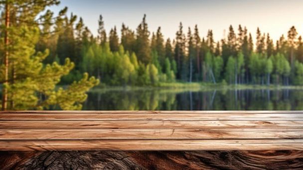 Die leere hölzerne braune Tischplatte mit verschwommenem Hintergrund der finnischen Natur. Überschäumendes Image. - Foto, Bild