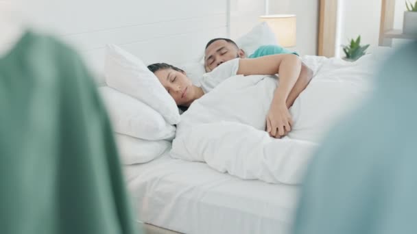 Bed, holding hands or relax couple sleeping, tired or nap together for stress relief, morning wellness or rest. Fatigue, home comfort or marriage people cozy, dream and exhausted in apartment bedroom. - Footage, Video