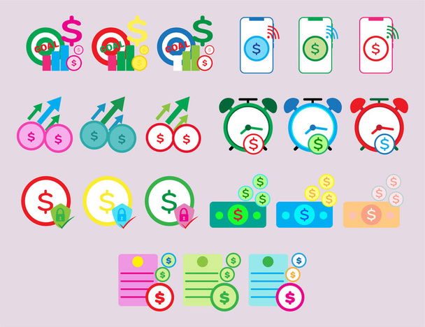 Symbol ikony kolekcji o transakcjach finansowych w dowolnym miejscu. zestaw dochodów i wydatków pieniężnych. - Wektor, obraz