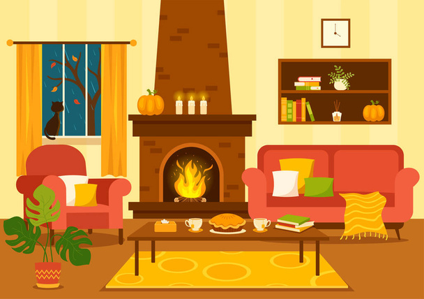 Autunno Accogliente Home Decor Vector Illustrazione con elementi di sfondo mobili per interni soggiorno in cartone animato piatto disegnato a mano modelli - Vettoriali, immagini