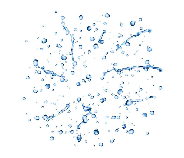 Realistic rain blue water drops and splatters. Realistic 3d vector small translucent droplets formed when water condenses or falls. They shimmer, cling, create ripples, refreshing and reflecting light - Vector, Image