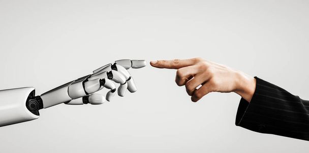 3D renderowania sztucznej inteligencji AI badań robota i rozwoju cyborg dla przyszłości ludzi żyjących. Cyfrowe eksplorowanie danych i projektowanie technologii uczenia maszynowego dla mózgu komputera. - Zdjęcie, obraz