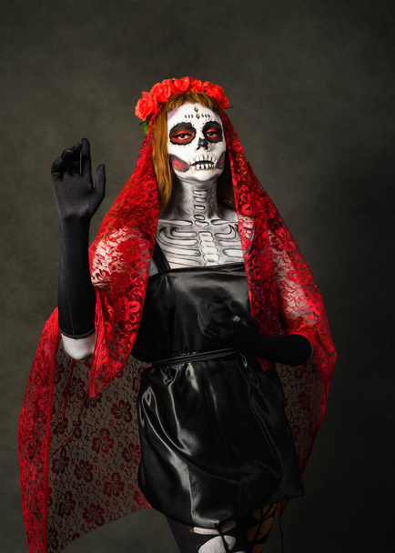 Catrina Drag Queen Studio portrait. Colorful portrait of catrina. Makeup for halloween or day of the dead. - Photo, Image