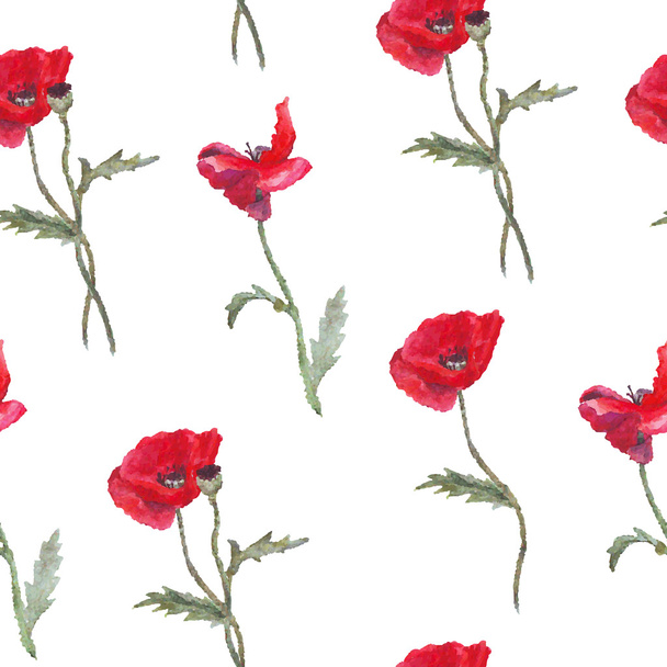 Цветочный узор с красными акварельными маками и листьями
 - Вектор,изображение