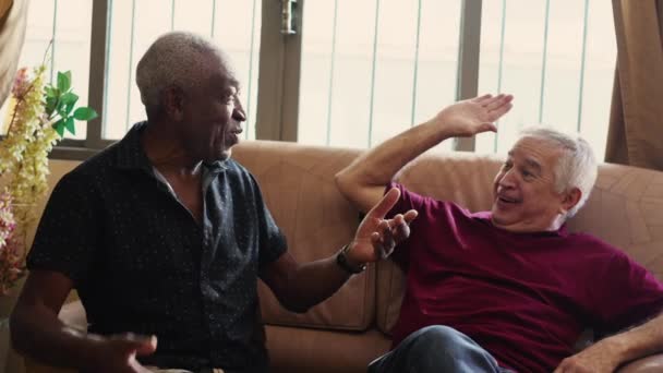 Authentische freudvolle Umarmung älterer gemischtrassiger Freunde, die sich auf der heimischen Couch umarmen und Freund zur Leistung gratulieren - Filmmaterial, Video