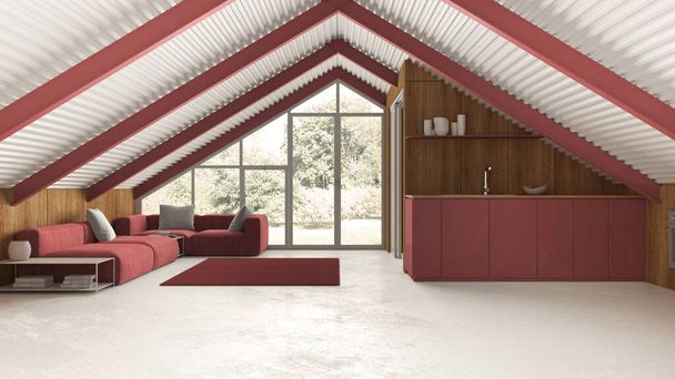 Moderne mezzanine in witte en rode tinten, keuken en woonkamer met bank. IJzeren balken en harsvloer. Panoramisch raam met tuinachtergrond. Minimalistisch interieur - Foto, afbeelding
