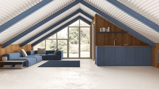 Mezzanine moderne dans les tons blanc et bleu, cuisine et salon avec canapé. Poutres de fer et sol en résine. Fenêtre panoramique avec fond de jardin. Design intérieur minimaliste - Photo, image