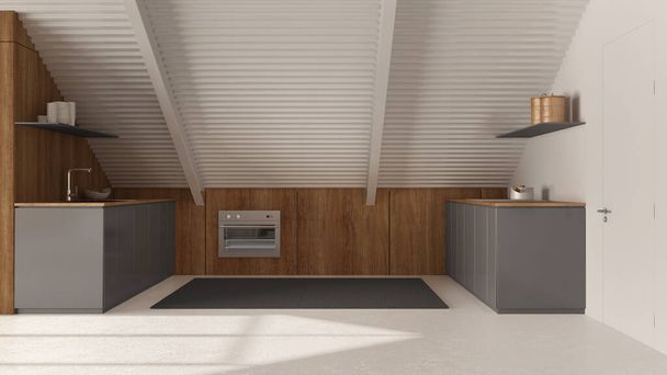 Moderni mansardi mezzanine valkoinen ja harmaa sävyjä, keittiö kaapit ja laitteet. Rautapalkit ja hartsilattia. Minimalistinen sisustus - Valokuva, kuva