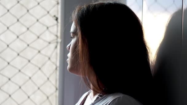 Молода жінка відображає вікно в самоті - Кадри, відео
