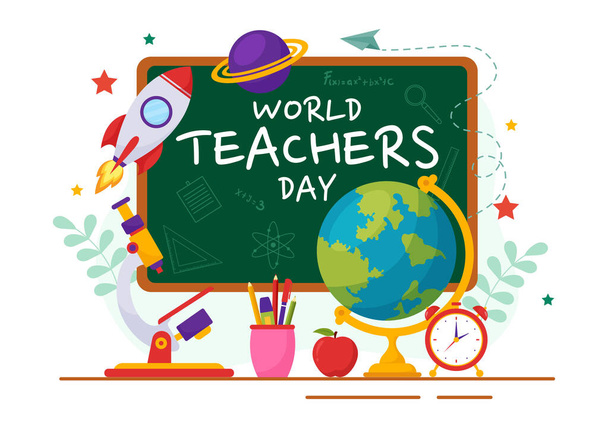 Щасливий день вчителя Векторні ілюстрації зі шкільним обладнанням, таким як чорні дошки, олівці, сумки, книги та інші на фоні плоского мультфільму - Вектор, зображення