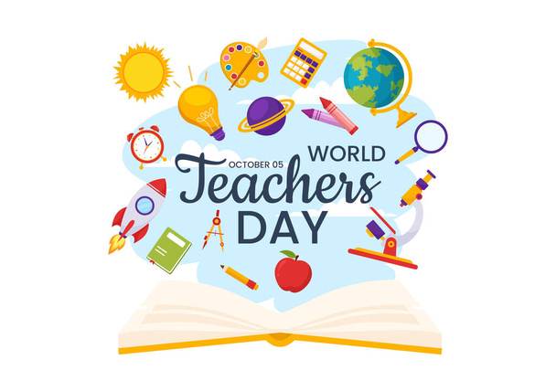 Щасливий день вчителя Векторні ілюстрації зі шкільним обладнанням, таким як чорні дошки, олівці, сумки, книги та інші на фоні плоского мультфільму - Вектор, зображення