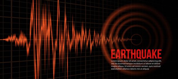 Concepto de terremoto Línea de luz naranja Ondas de sismógrafo de frecuencia agrietadas y vibración del círculo en la rejilla de perspectiva y fondo negro Diseño de ilustración vectorial - Vector, imagen