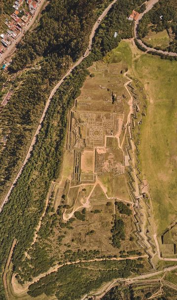 Aerial top view of the inca ruins of Sacsayhuaman on the outskirts of Cusco, Peru. Archaeological site of ancient Incan citadel. - Photo, Image