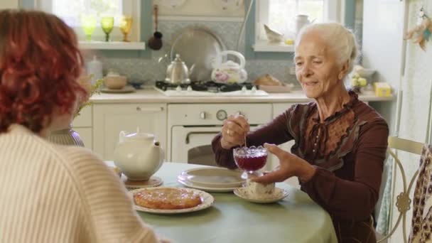 Over-the-spalla colpo di messa a fuoco selettiva di irriconoscibile giovane donna trascorrere del tempo tè con la nonna, concetto grandmacore - Filmati, video