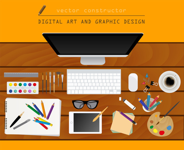 Digital art and graphic design. Working place in flat design. Co - Vector, Image