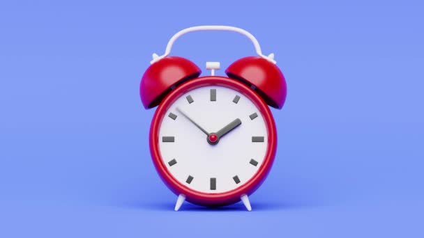 Reloj despertador rojo con manos en movimiento rápido sobre fondo azul.Listo para bucle animación 3d - Imágenes, Vídeo