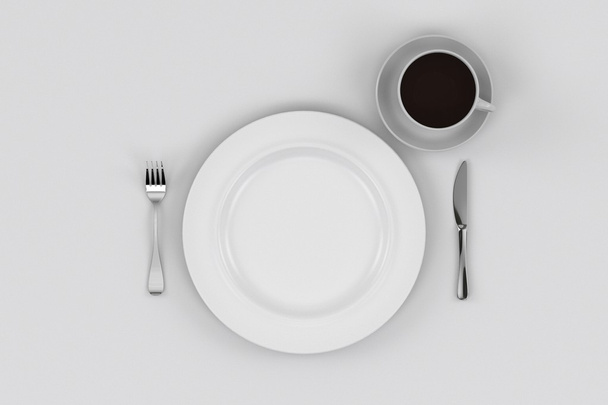 Talerza, nóż i widelec, filiżanka kawy - Zdjęcie, obraz