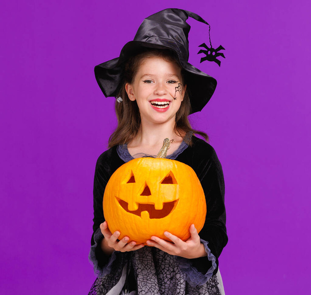 Feliz chica alegre en traje de bruja con calabaza jack-o-lantern celebra Halloween y se ríe sobre fondo violeta brillante - Foto, Imagen
