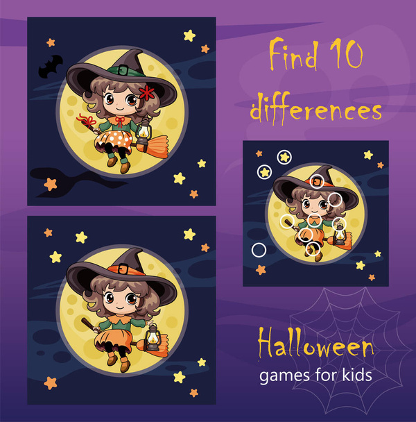 Halloween-Set, Puzzle für Kinder. Abbildung, finden Sie 10 Unterschiede. Eine süße kleine Hexe fliegt nachts auf einem Besen. Die Entwicklung von Logik und Aufmerksamkeit im Vorschulalter. Fertig zum Ausdrucken - Vektor, Bild