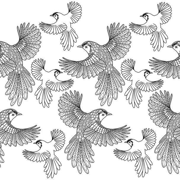 Nahtloses Muster mit Blumen und Vögeln. Textiler Hintergrund, Liniengrafik.  - Vektor, Bild