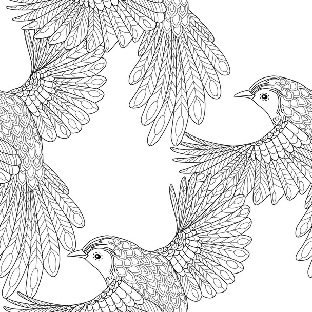 Nahtloses Muster mit Blumen und Vögeln. Textiler Hintergrund, Liniengrafik.  - Vektor, Bild
