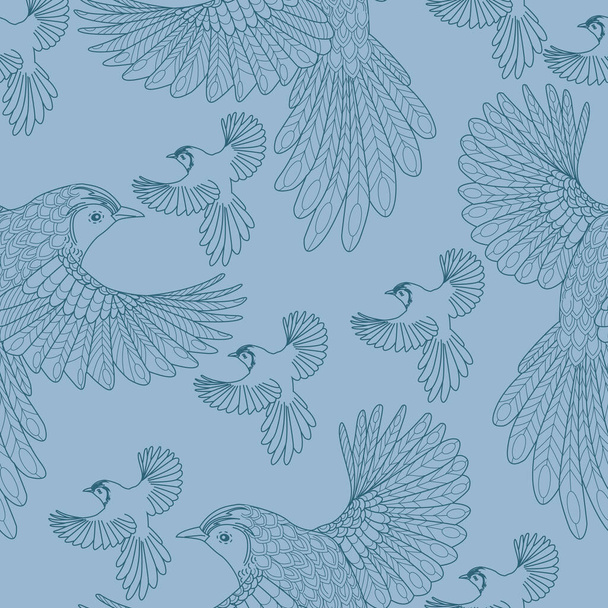 Seamless pattern with birds. Textile background, line graphics. - Vector, Image