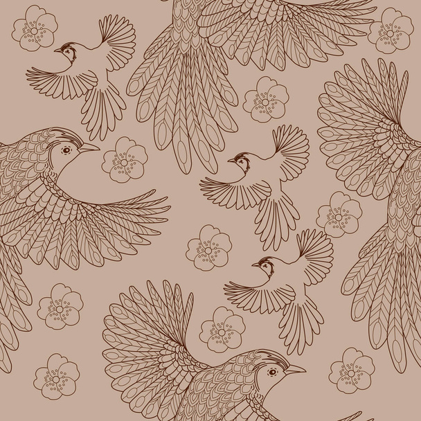 Seamless pattern with birds and flowers. Textile background, line graphics. - Vector, Image