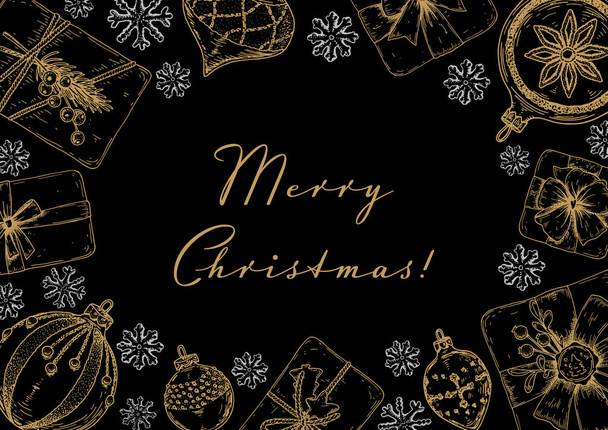 Веселого Різдва і Веселого Нового Року горизонтальна вітальна листівка з вручну намалювала золоті різдвяні іграшки і подарунки. Візуальне зображення в стилі ескізів. Святкове тло - Вектор, зображення