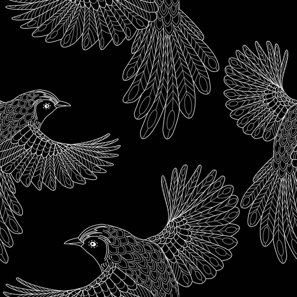 Nahtloses Muster mit Vögeln. Textiler Hintergrund, Liniengrafik. - Vektor, Bild