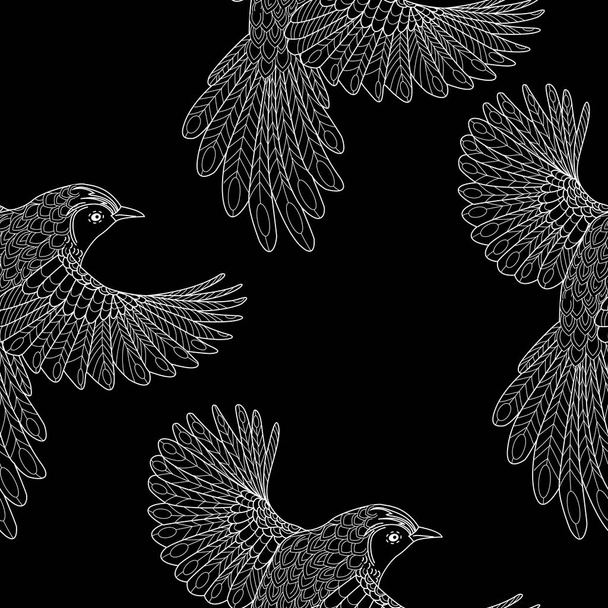 Nahtloses Muster mit Vögeln. Textiler Hintergrund, Liniengrafik. - Vektor, Bild