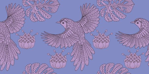 Bezproblémový vzor s ptáky a květinami. Textilní pozadí, čárová grafika. - Vektor, obrázek