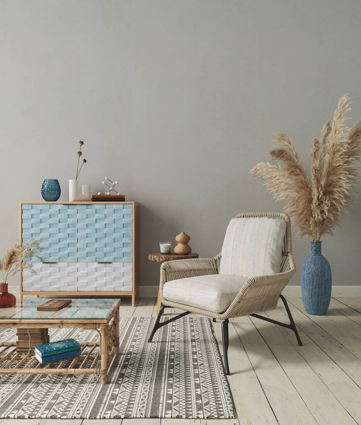 Hasır koltuk ve kırsal dekorlu minimalist iç tasarım. Oturma odasının maketi, 3 boyutlu.  - Fotoğraf, Görsel