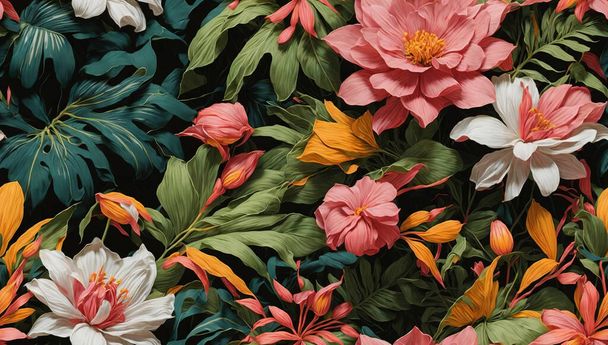 hermosas flores y plantas tropicales patrón sin costuras - Vector, imagen