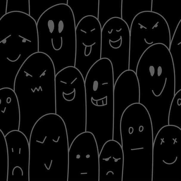 Vektor. Grau, schwarz und weiß kontrastieren nahtlose Muster. Gruselig böser Halloween-Hintergrund. Handgezeichnete Geister im Cartoon-Stil. Tapete wiederholen, Skizze. Gestaltung von Geschenkverpackungen, Geschenkpapier. - Vektor, Bild