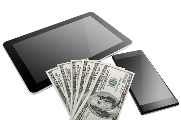 Tablet digitale e telefono cellulare con dollari USA
 - Foto, immagini