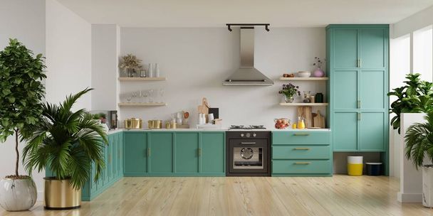 Ελάχιστος πράσινος εσωτερικός σχεδιασμός κουζίνας.3d απόδοση - Φωτογραφία, εικόνα