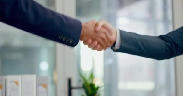 Business people, corporate and shaking hands for success, partnership and meeting for collaboration. Closeup, team and handshake for deal, support and b2b networking with trust, hiring and thank you. - Footage, Video