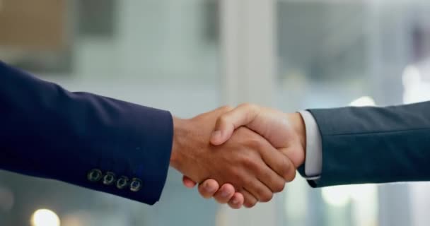 Business people, welcome and shaking hands for success, partnership and meeting for collaboration. Closeup, teamwork and handshake for deal, support and b2b networking with trust, hiring or thank you. - Footage, Video